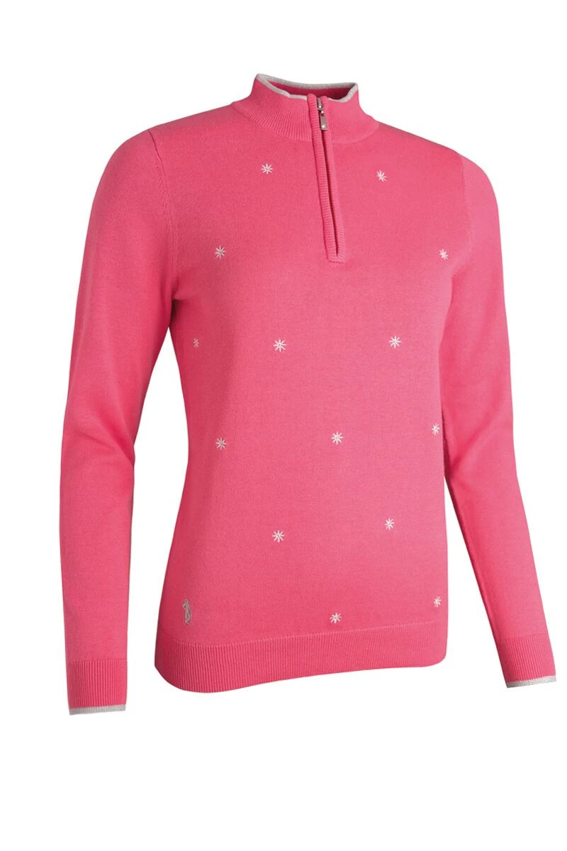 Glenmuir Ladies Zip Neck Embroidered Flower Cotton Golf Sweater Sorbet/White